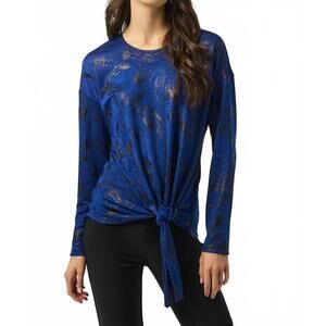 NEW JOSEPH RIBKOFF abstract print scoop neck long sleeves straight top in royal